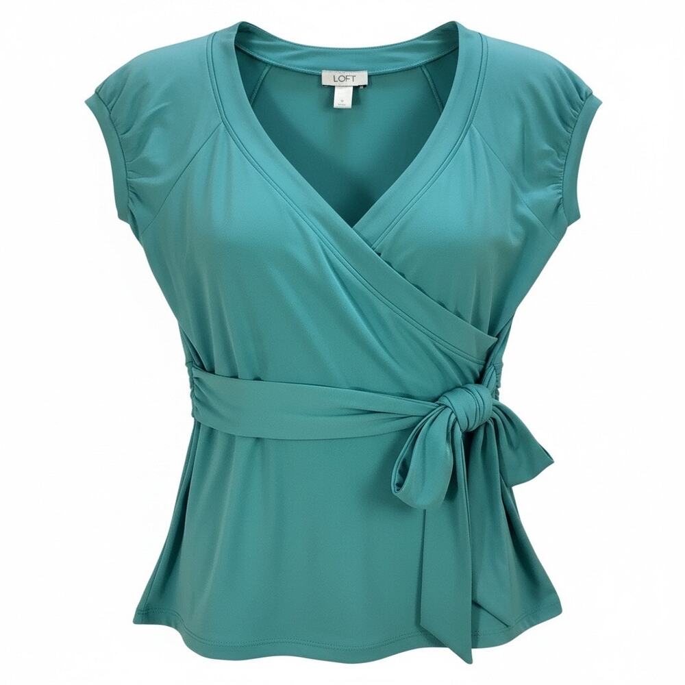 Ann Taylor Loft Turquoise Faux Wrap Top Surplice V Neckline Cap Sleeves